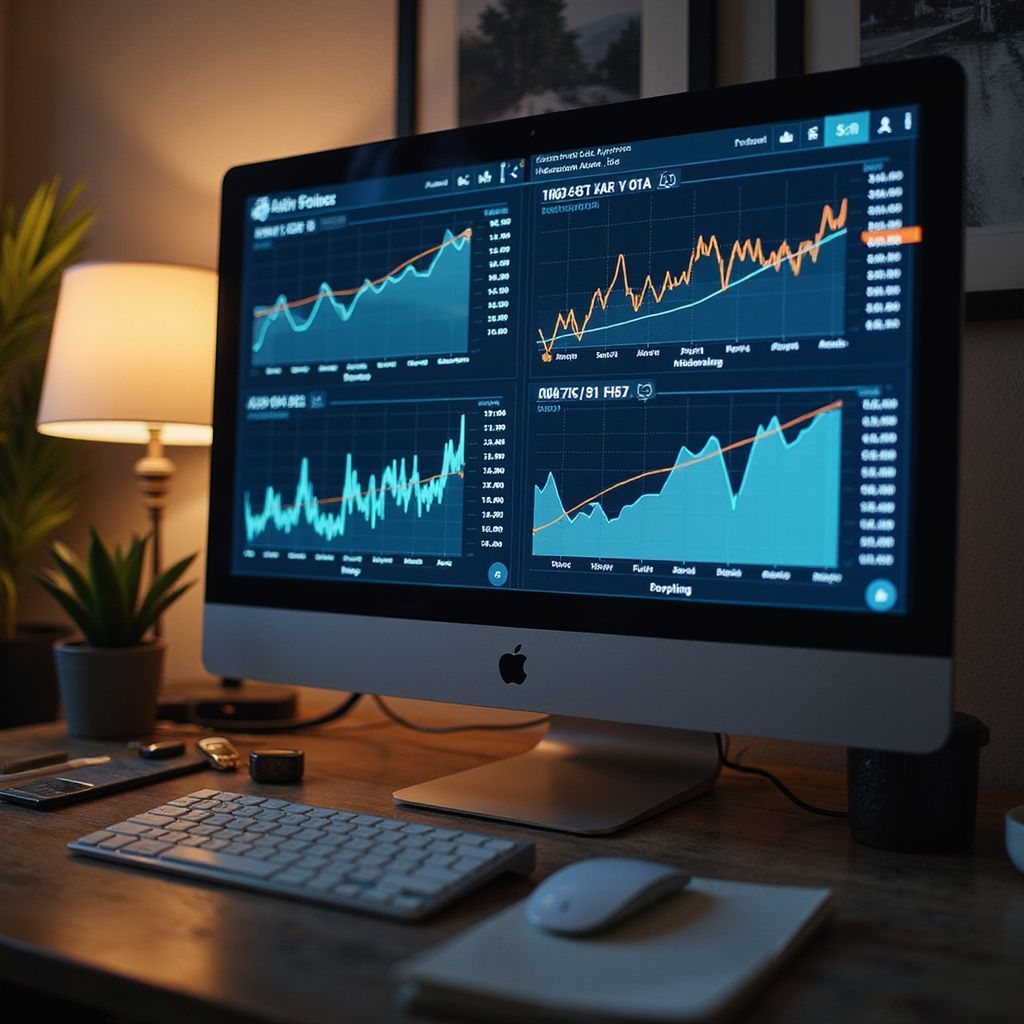 Desktop computer displaying stock charts in a dim room with a lamp, keyboard, and mouse on a wooden desk.