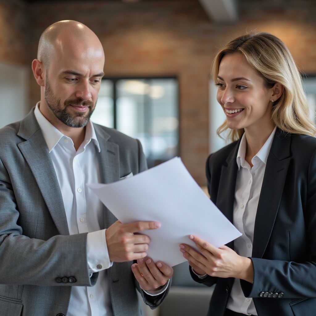 Man and woman in business attire reviewing documents, smiling indoors.