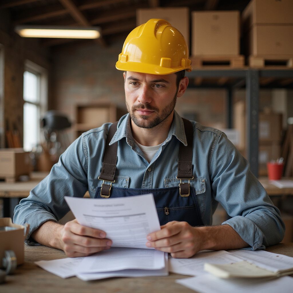 Man in yellow hard hat and overalls reads paperwork at a wooden table in a workshop.