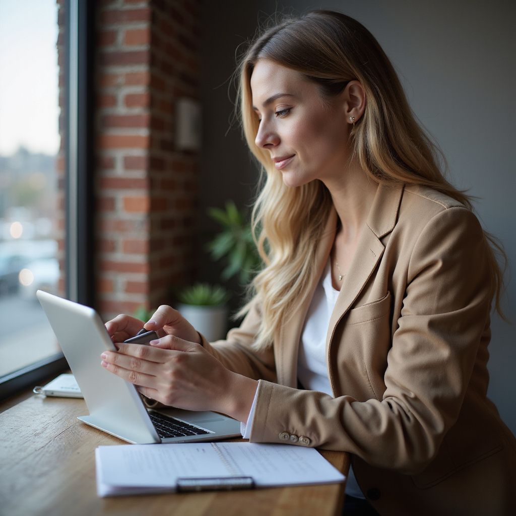 Woman wearing tan blazer works on a laptop at a table by a window.
