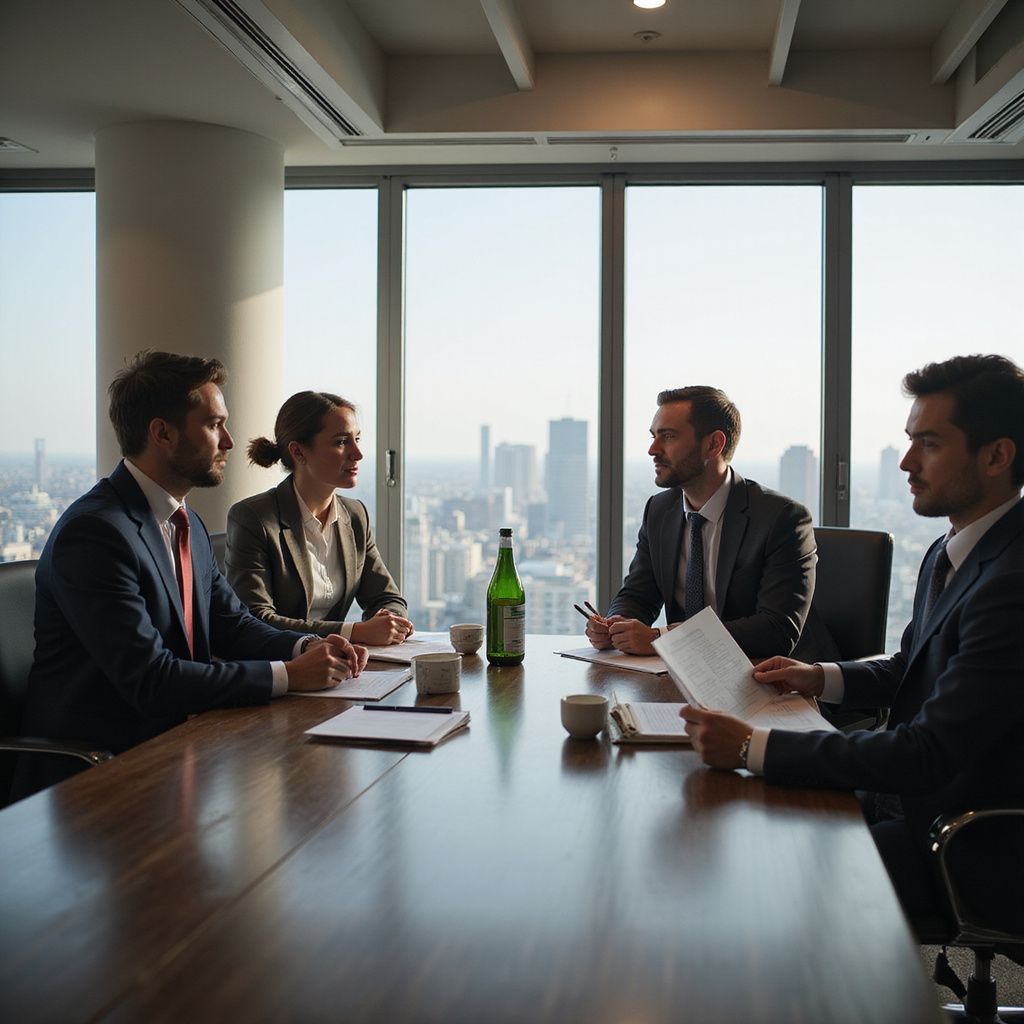 People in business suits sit around a table in a high-rise office, discussing documents.