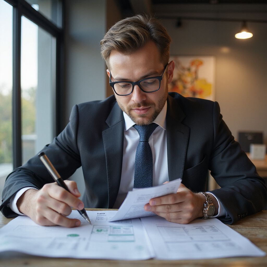 Man in a suit, glasses, and tie reviews papers while writing with a pen at a table near a window.