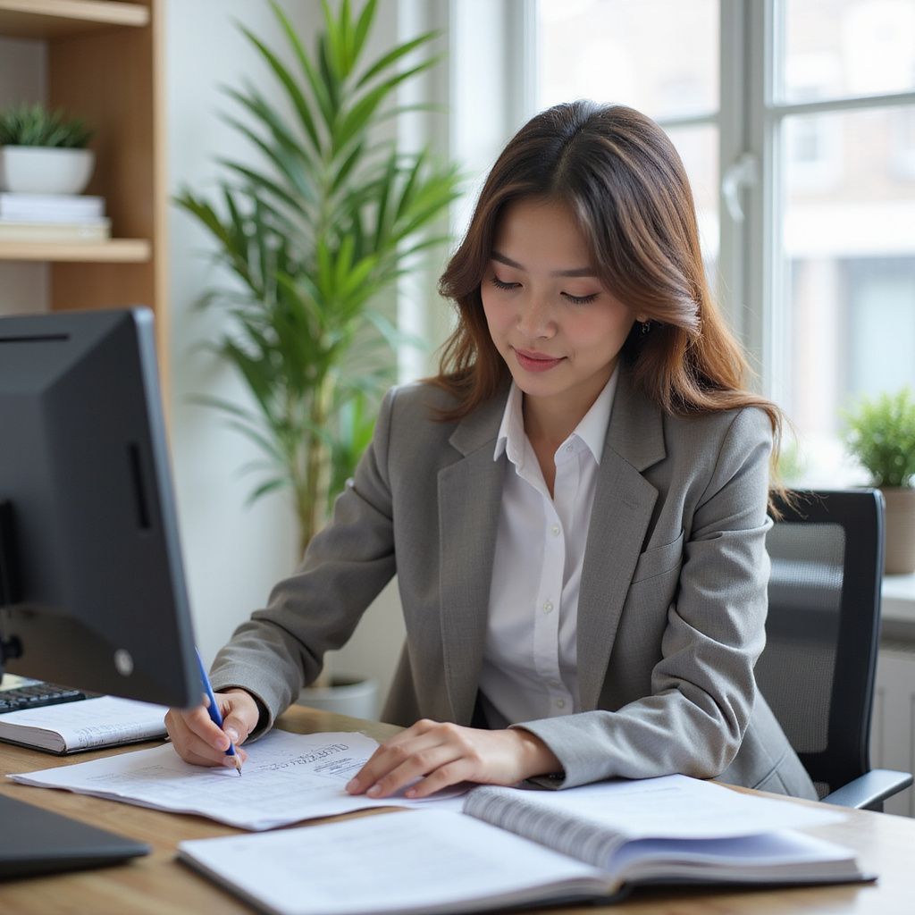 Woman in gray blazer writing at a desk, with a computer, plants, and a window in the background.