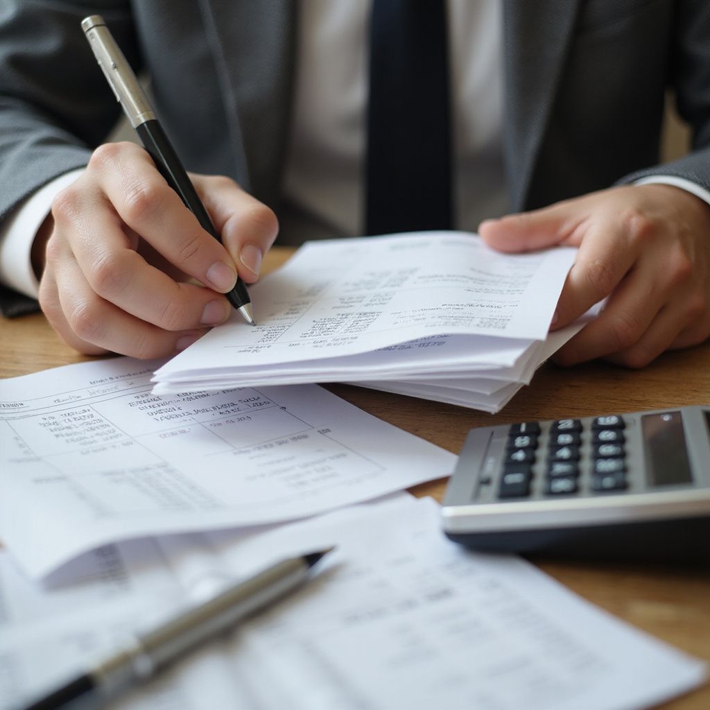 Person in suit writing on papers with a pen, calculator present.
