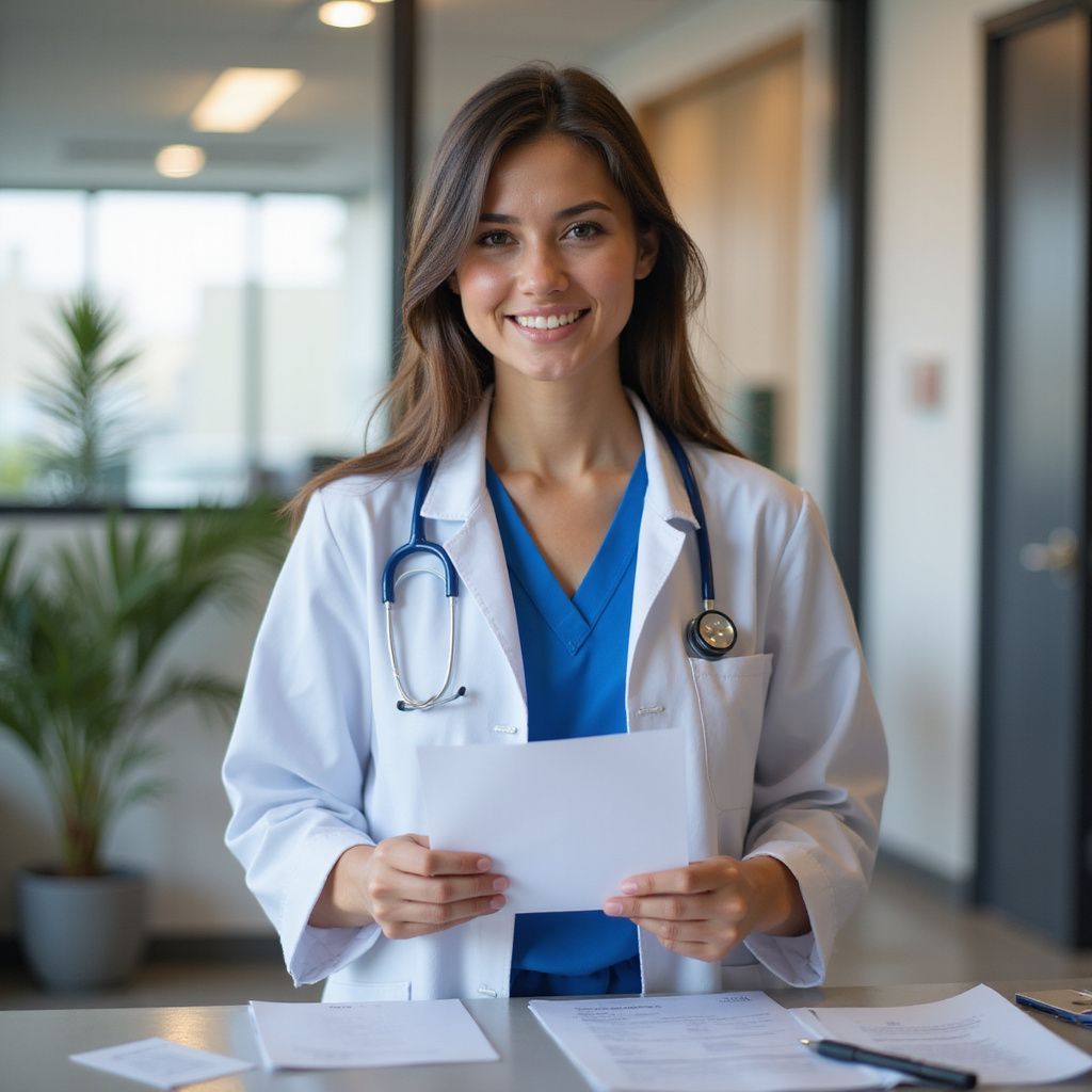 Doctor with a stethoscope around her neck, smiling while holding paperwork in a well-lit office.