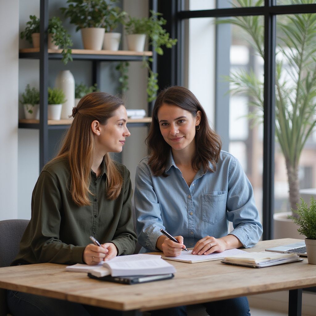 Two women at a desk, writing. One looks at the camera, smiling, while the other looks at her, focused.