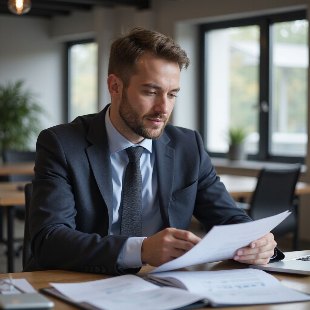 Man in suit examines documents at desk in modern office.