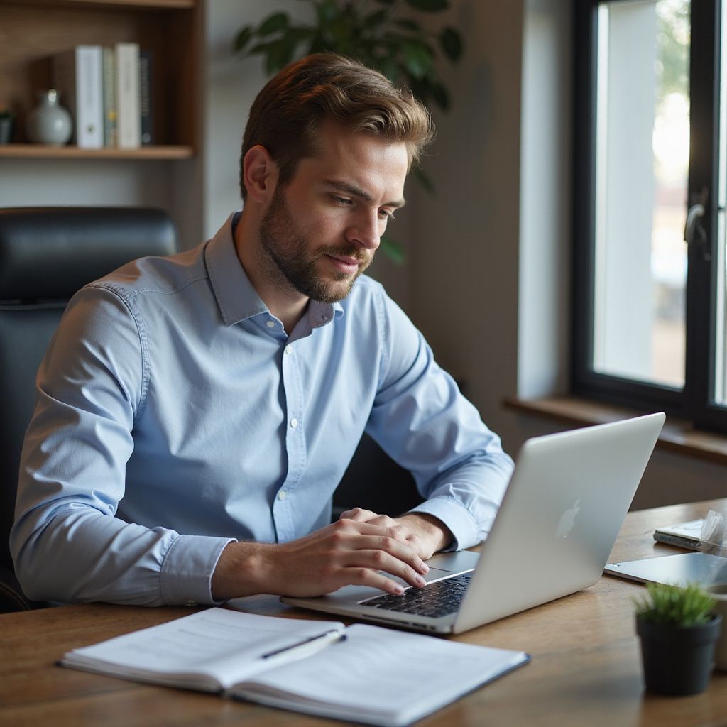 Man working on laptop at desk, wearing blue shirt. Window and books in background.