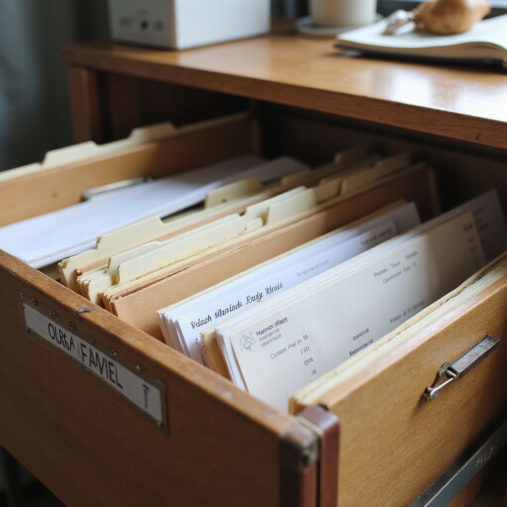 Wooden file cabinet drawer filled with file folders labeled with tabs.