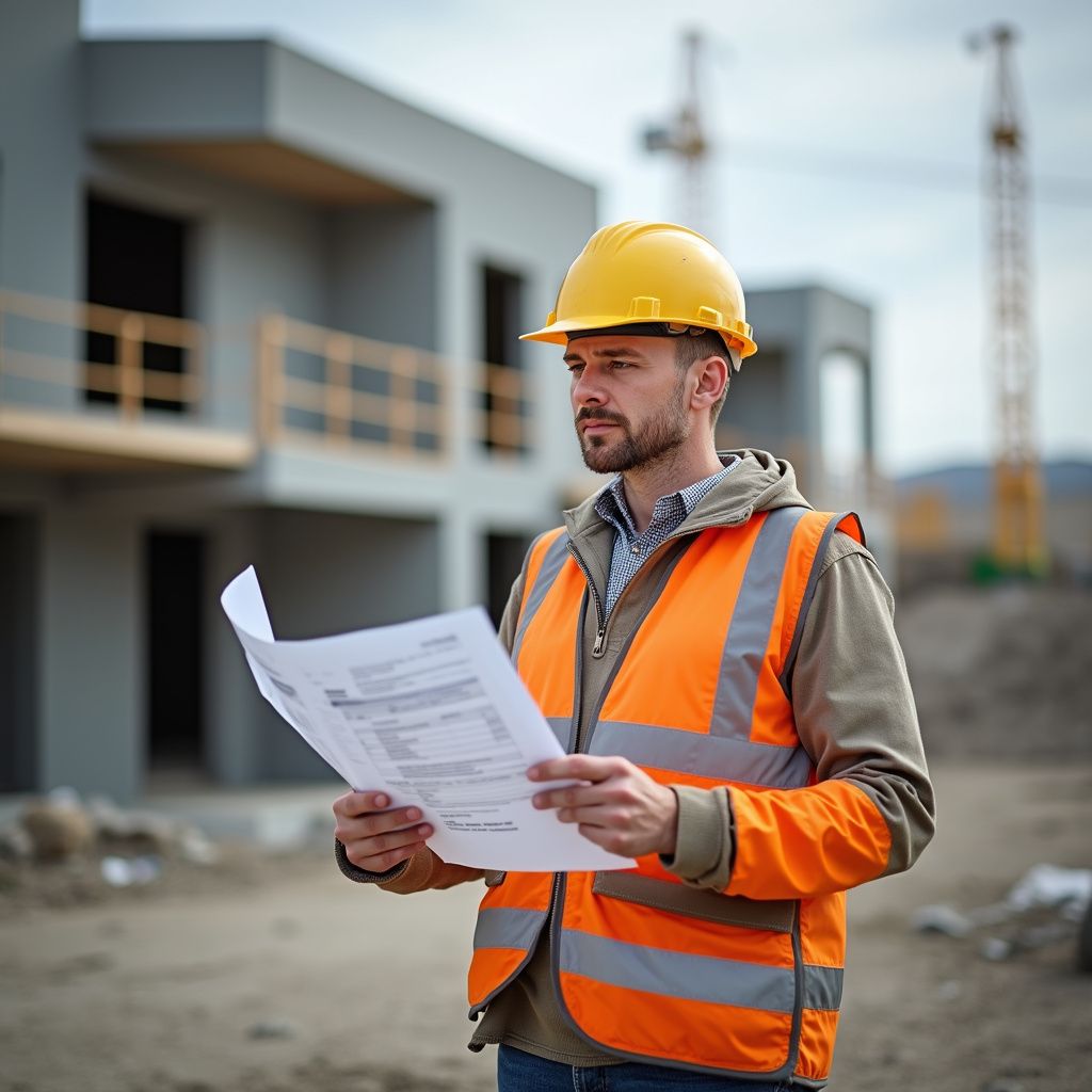 Construction worker in a yellow hard hat and orange vest examines blueprints at a construction site.