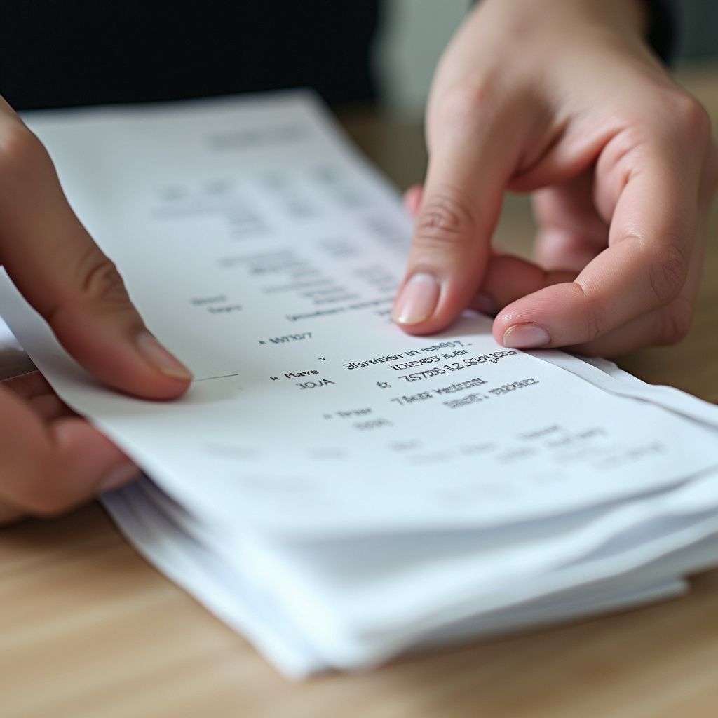 Hands sorting through a stack of white receipts on a wooden surface.