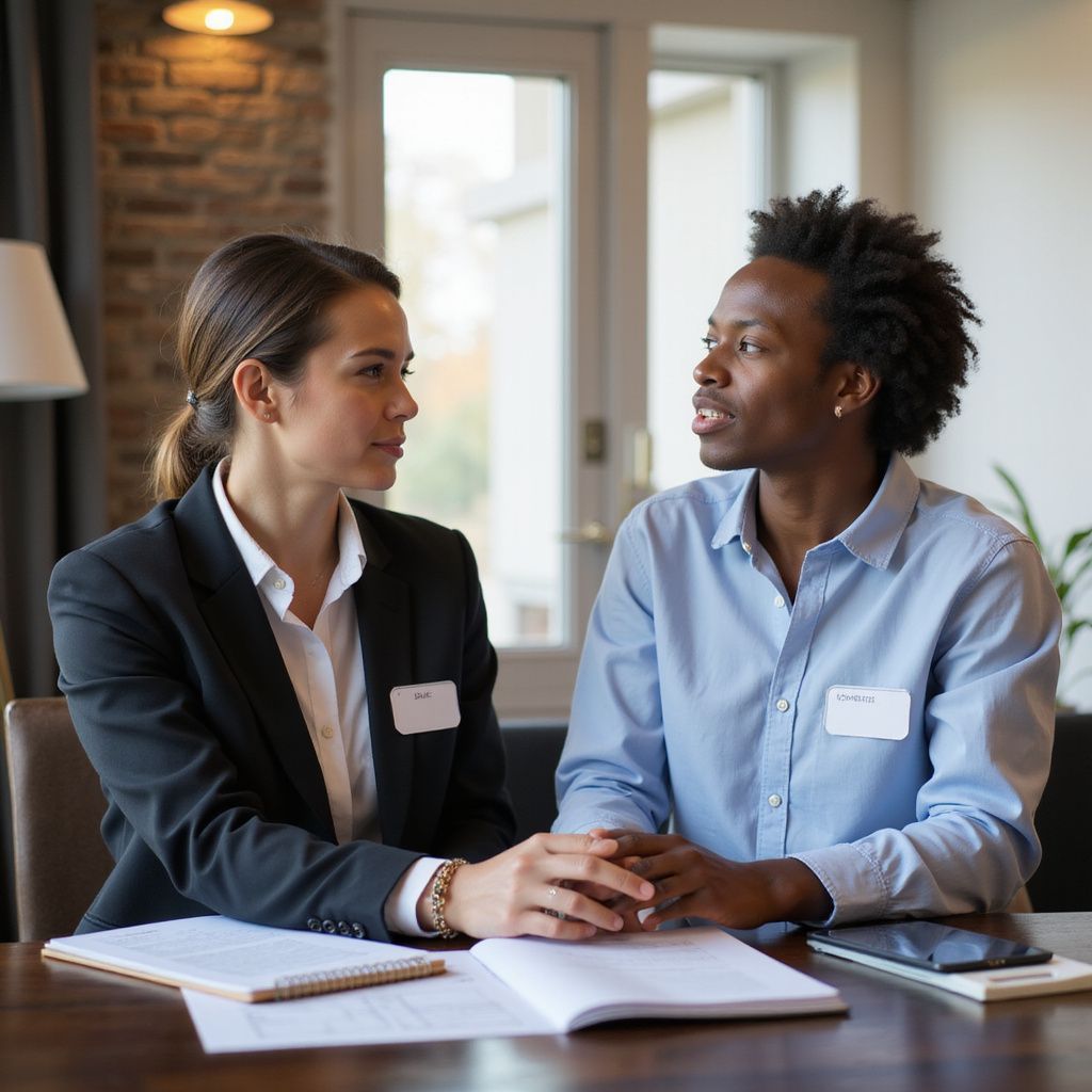 Two people, one in a blazer, one in a button-down, at a table, discussing documents.