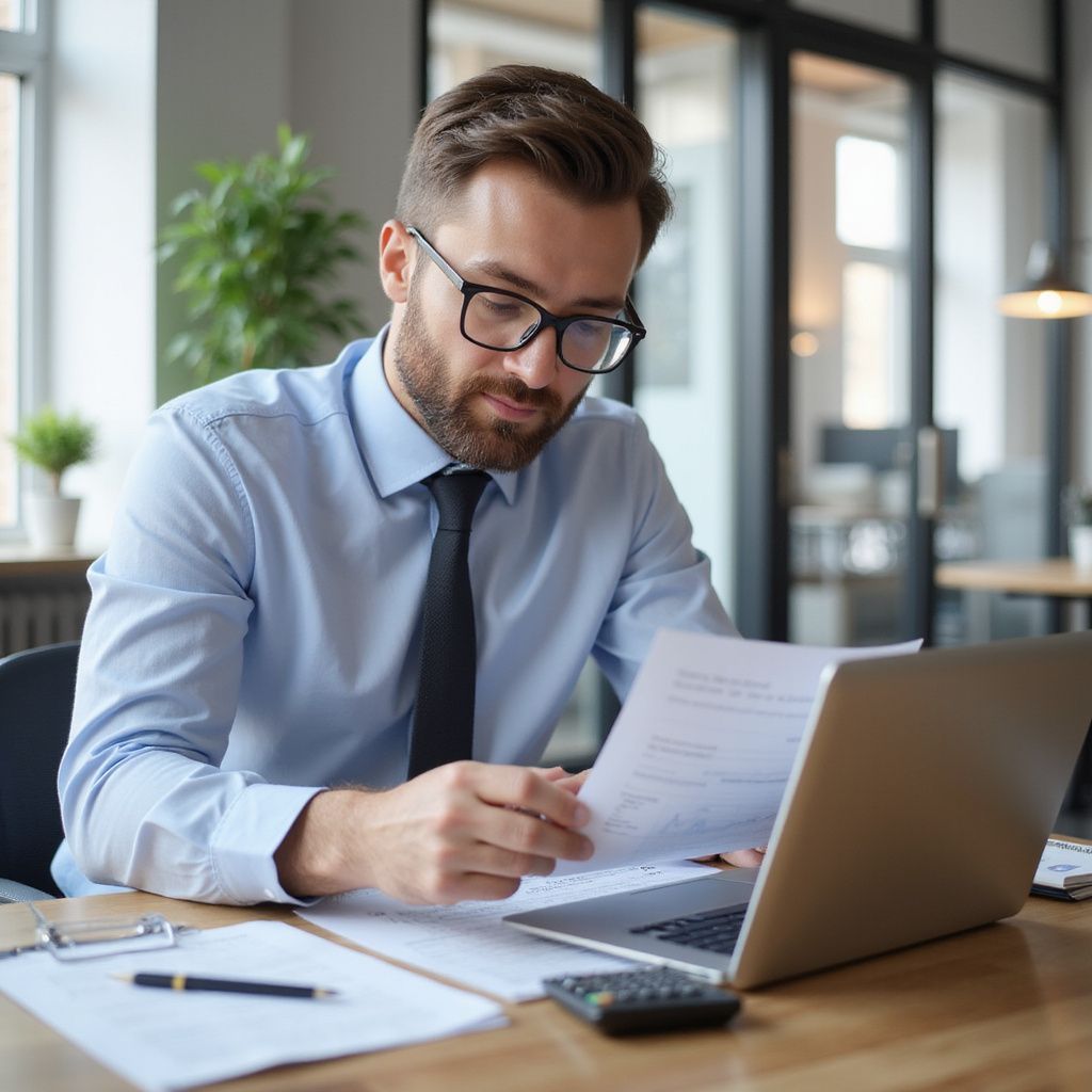 Man wearing glasses reviews documents at a desk with a laptop and calculator in a bright office.