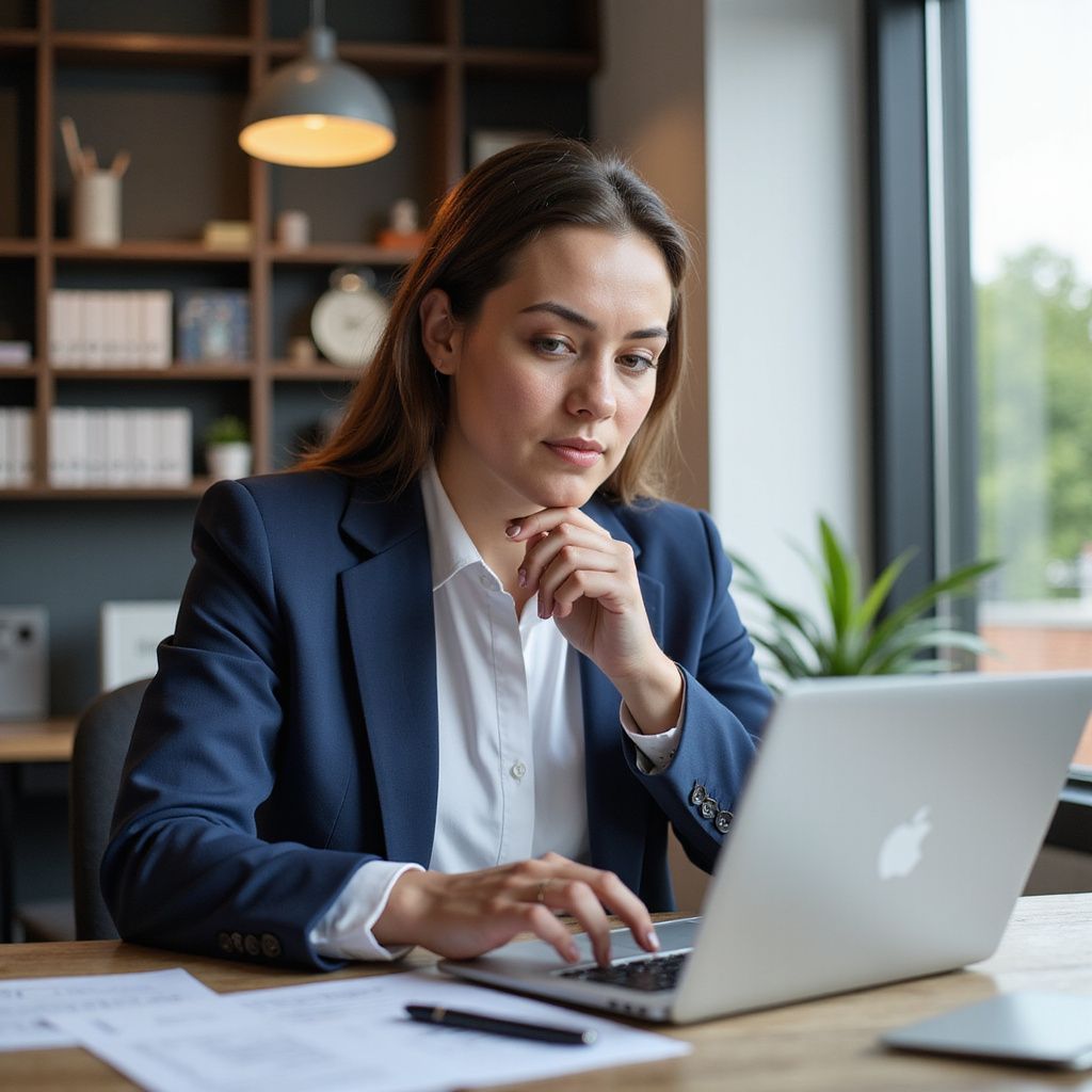 Woman in a blazer working on a laptop at a desk with papers. Thoughtful expression.