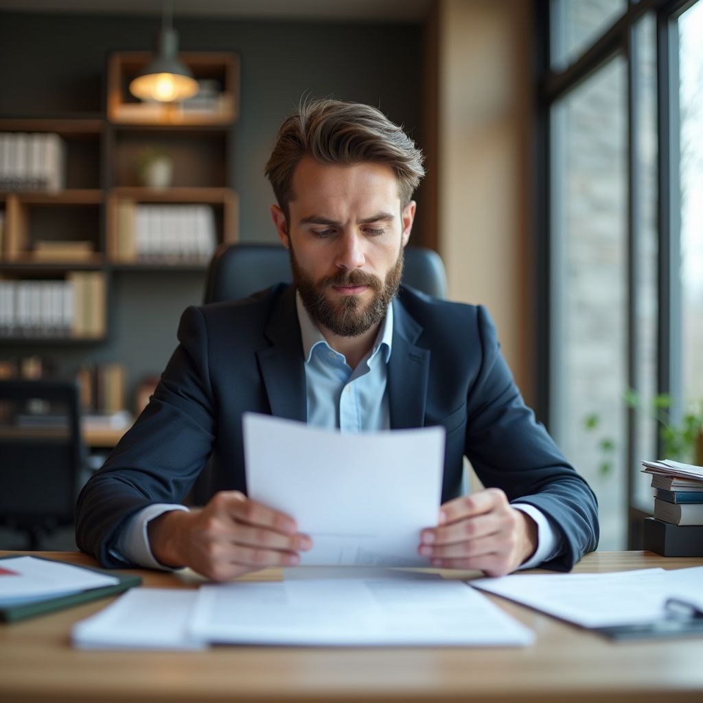 Man in suit reads document at desk in office.