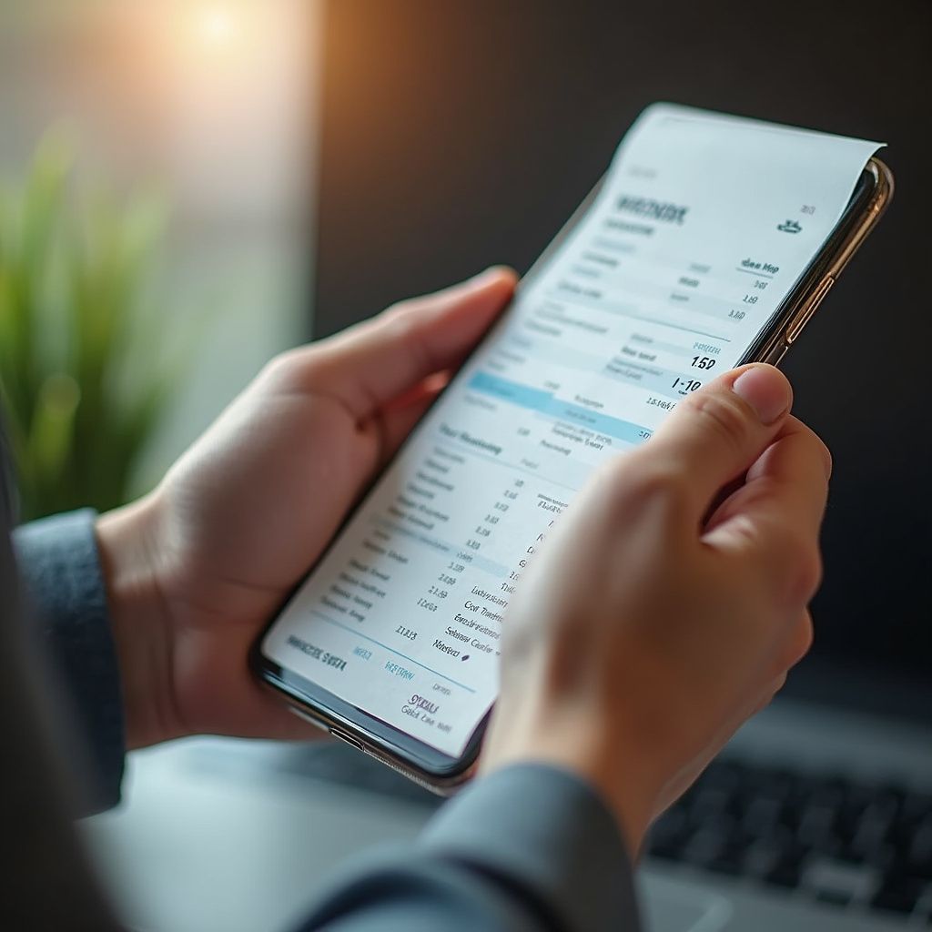 Hands holding a smartphone displaying financial data with a plant and laptop in the background.