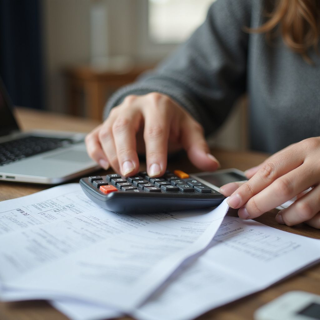 Person using a calculator with bills and a laptop on a wooden desk.
