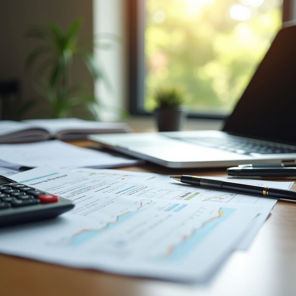 Desk with papers, calculator, laptop, and pen; likely for financial analysis.