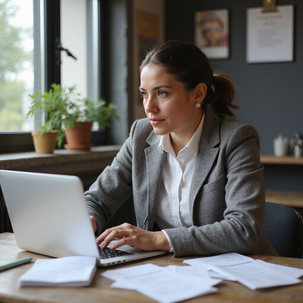 Woman in blazer types on laptop at desk with papers.