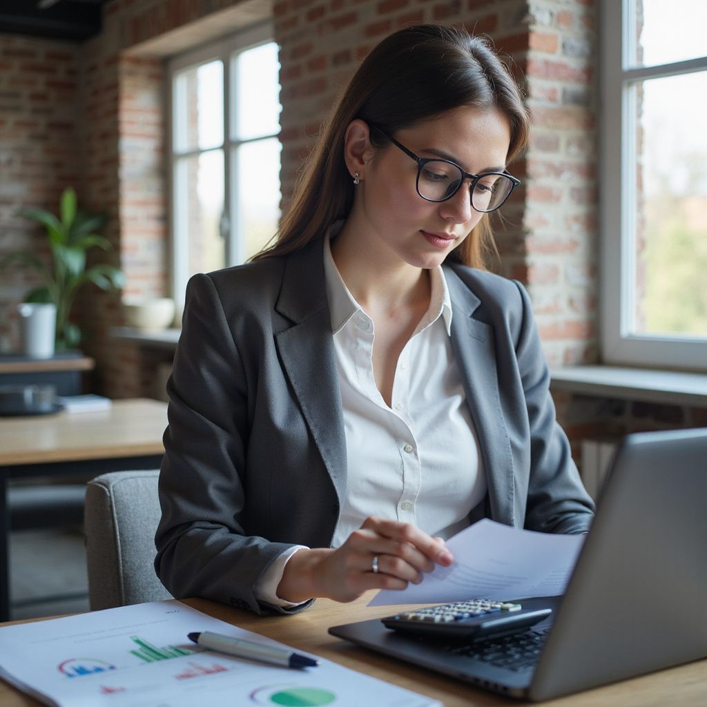 Woman in glasses and suit, reviewing documents while working at a desk with a laptop and charts.