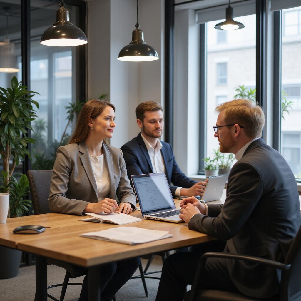 Three people in business attire at a table in an office. They are having a discussion, using laptops and papers.