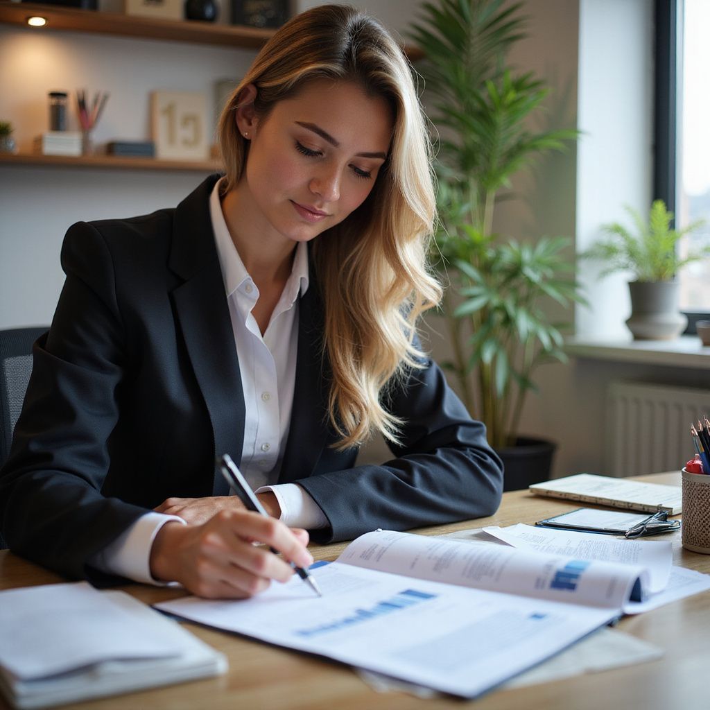 Woman in business suit writing at a desk, reviewing documents with charts and a plant in background.