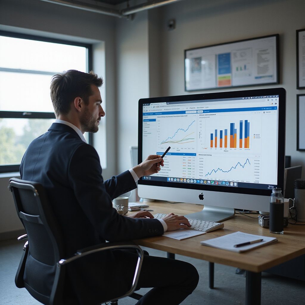Man in suit points to financial data on a computer screen in an office.