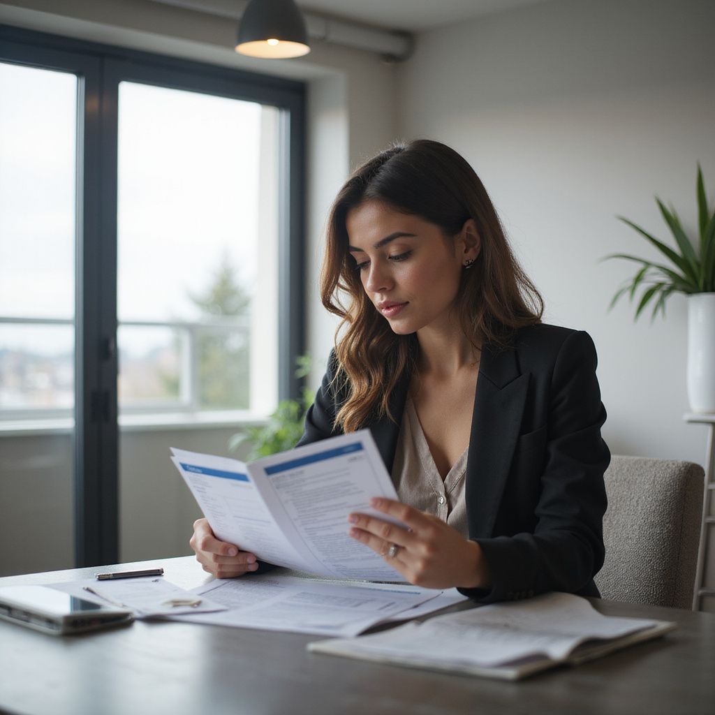 Woman in black blazer reviews documents at a desk in a well-lit office.