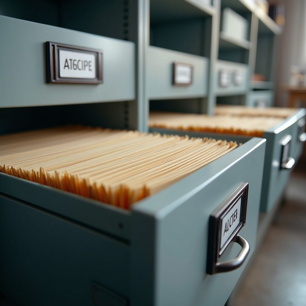 Filing cabinet drawers open, filled with manila file folders. The drawers are teal-green with labels.