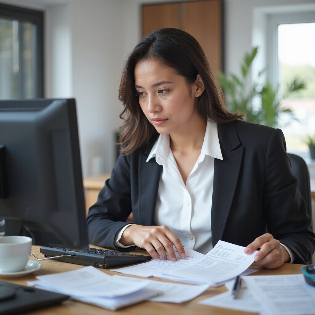 Woman in a black blazer at a desk, looking at papers and a computer screen.