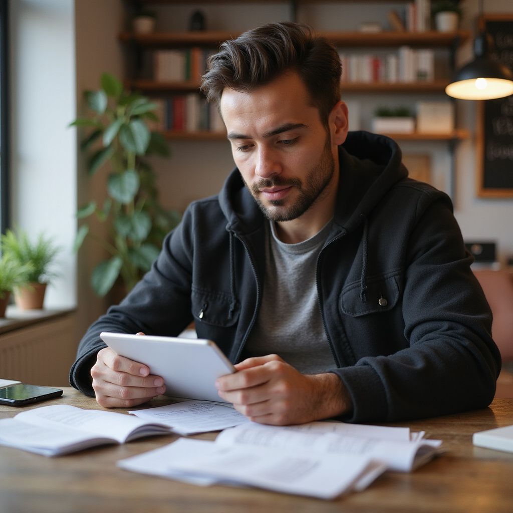 Man in a black hoodie reads a tablet, papers on the table in a cafe, looking down, serious expression.