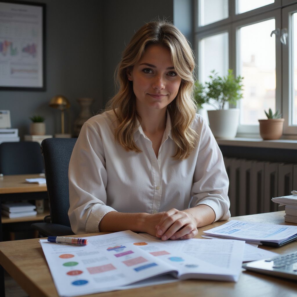 Woman at a desk with papers, looking at the viewer. Window and office setting.