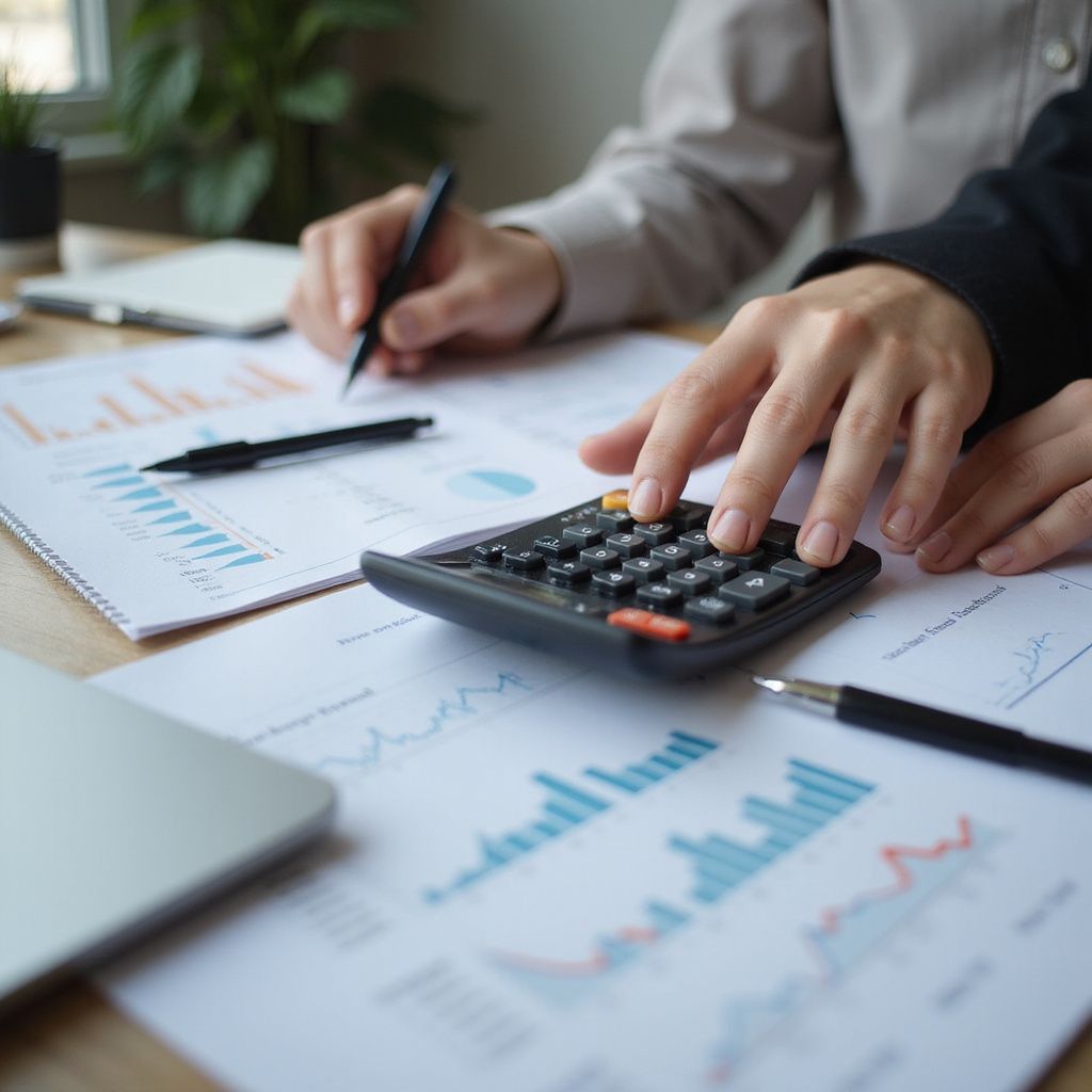 Hands using a calculator, looking at charts and documents on a desk with a laptop and pens.