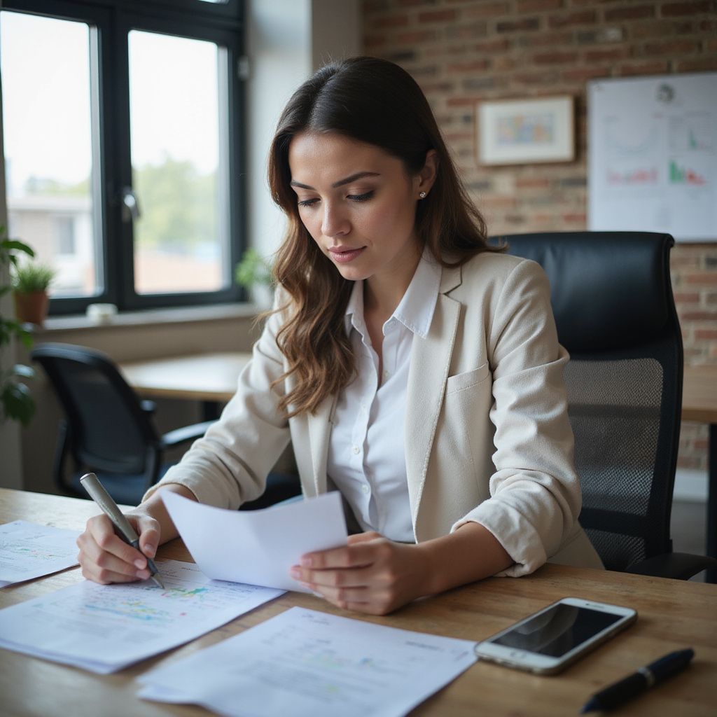 Woman in beige blazer writing at desk with papers and phone.
