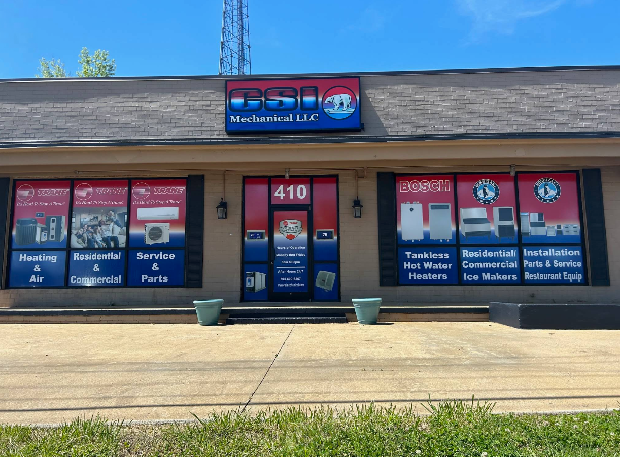 A tan commercial building with a 