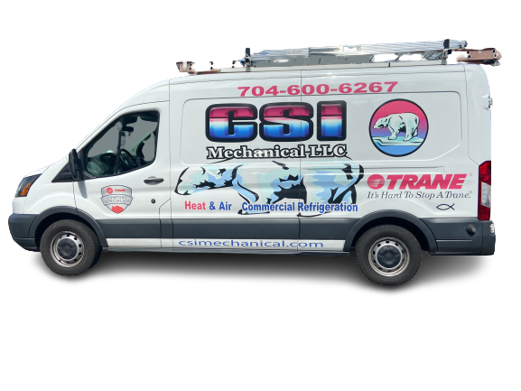 White commercial service van with CSI Mechanical LLC branding, a Trane logo, and a polar bear graphic.