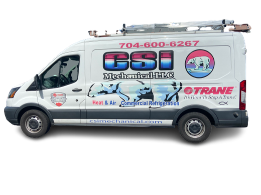 White commercial service van with CSI Mechanical LLC branding, a Trane logo, and a polar bear graphic.