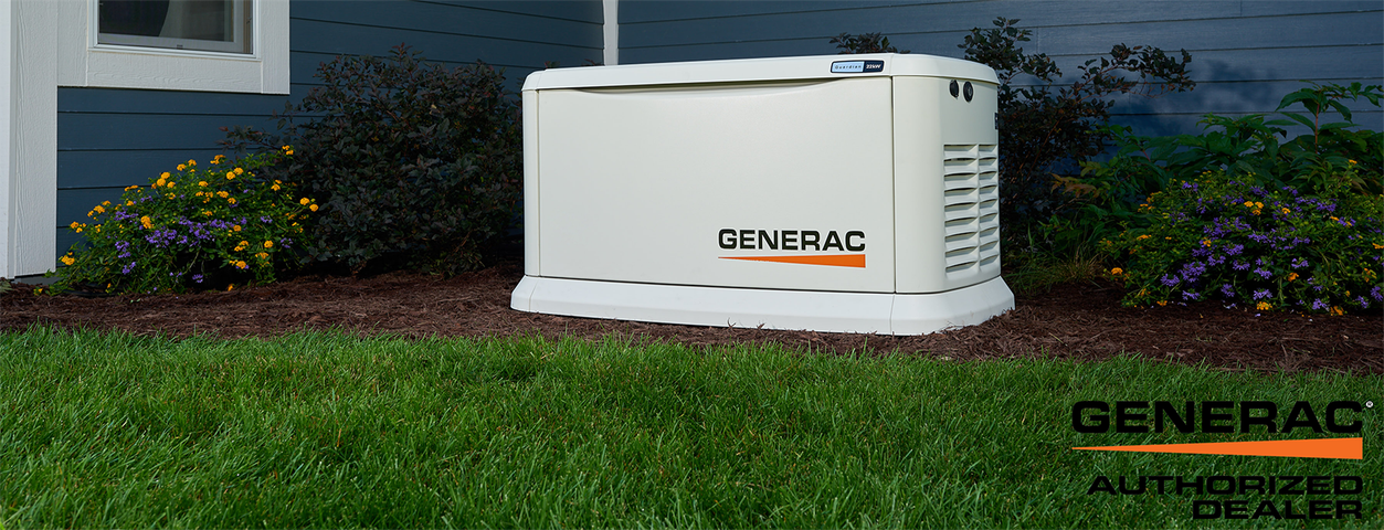 A white Generac home standby generator sits in a landscaped yard next to a house, with an authorized dealer logo below.
