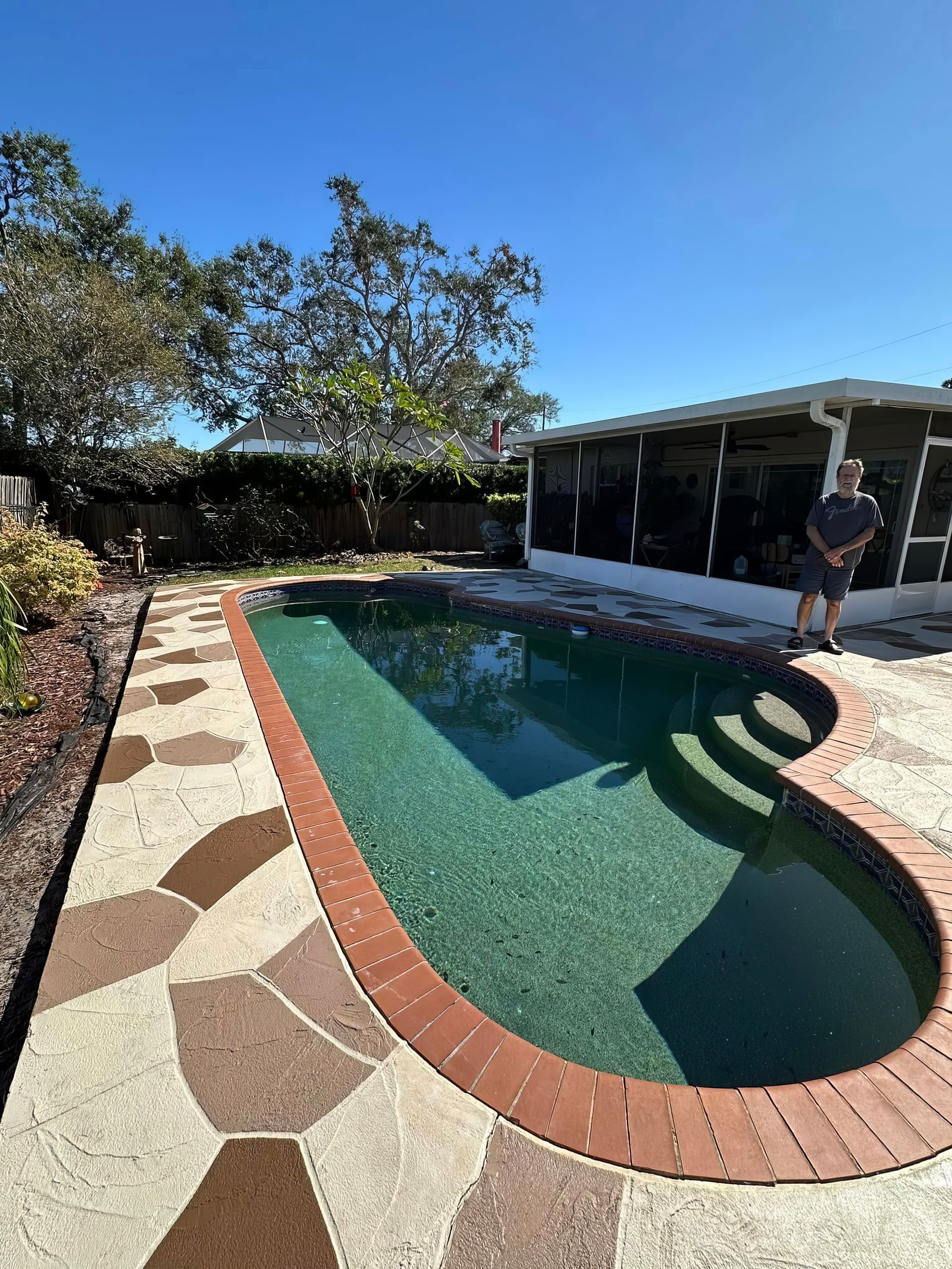 Backyard pool with green water, brick edging, and a person standing beside the patio