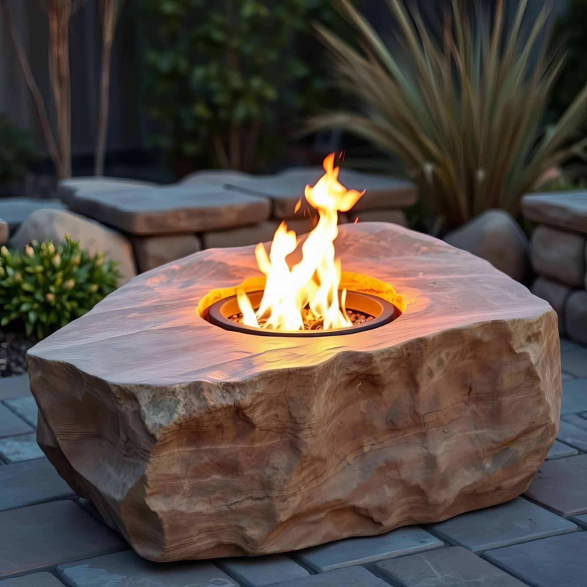 Stone fire pit with a bright flame in a landscaped patio