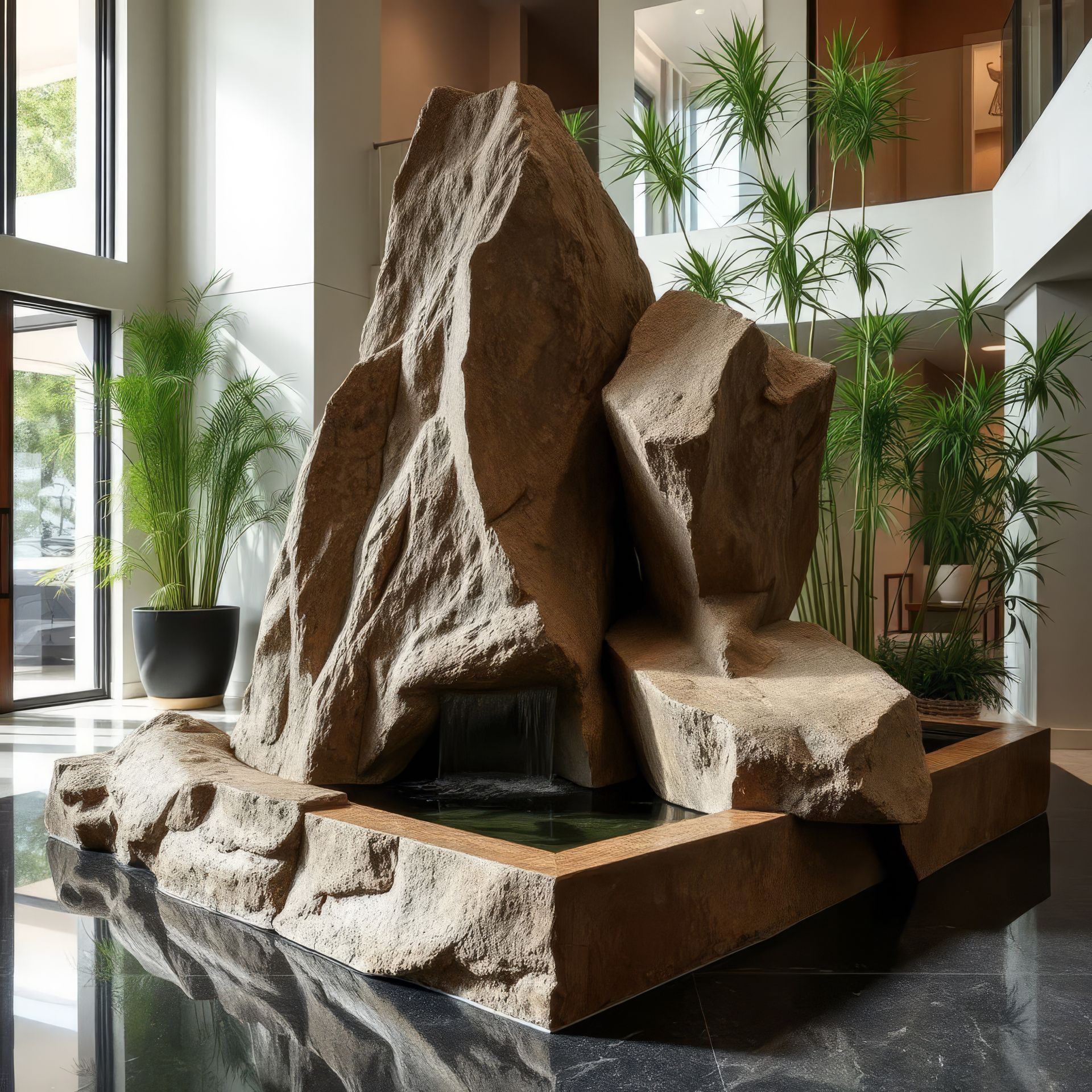 Indoor rock waterfall feature with large brown stones, water basin, and surrounding plants in a modern lobby