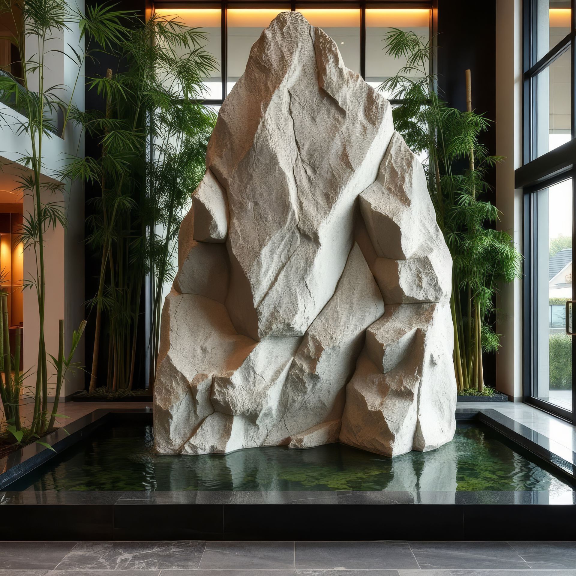Large sculpted stone feature in a modern indoor atrium with bamboo and a shallow reflecting pool