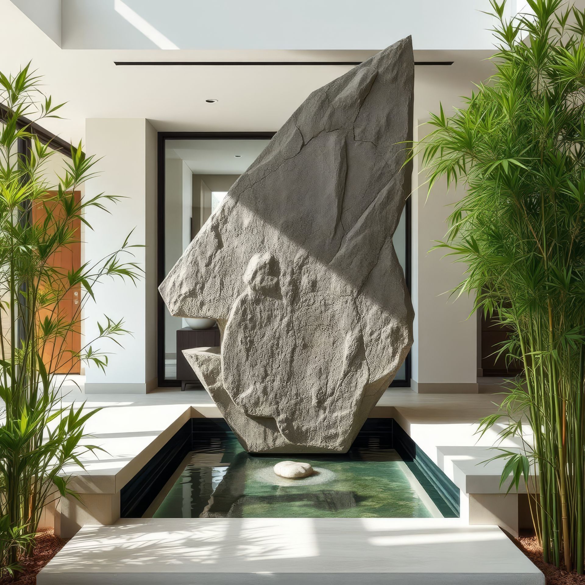 Modern indoor courtyard with a tall stone sculpture over a reflecting pool, flanked by lush plants