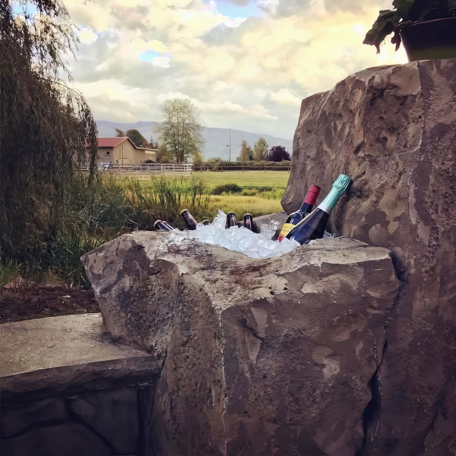 Stone outdoor tub filled with ice and bottled drinks beside a garden, with mountains in the distance
