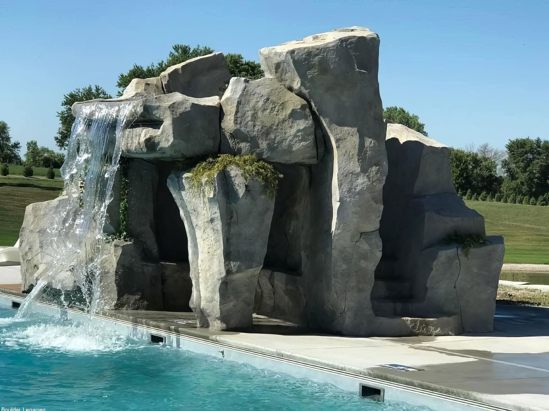 Artificial rock formation beside a blue swimming pool under a clear sky