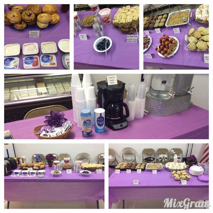A collage of pictures showing different types of food on tables