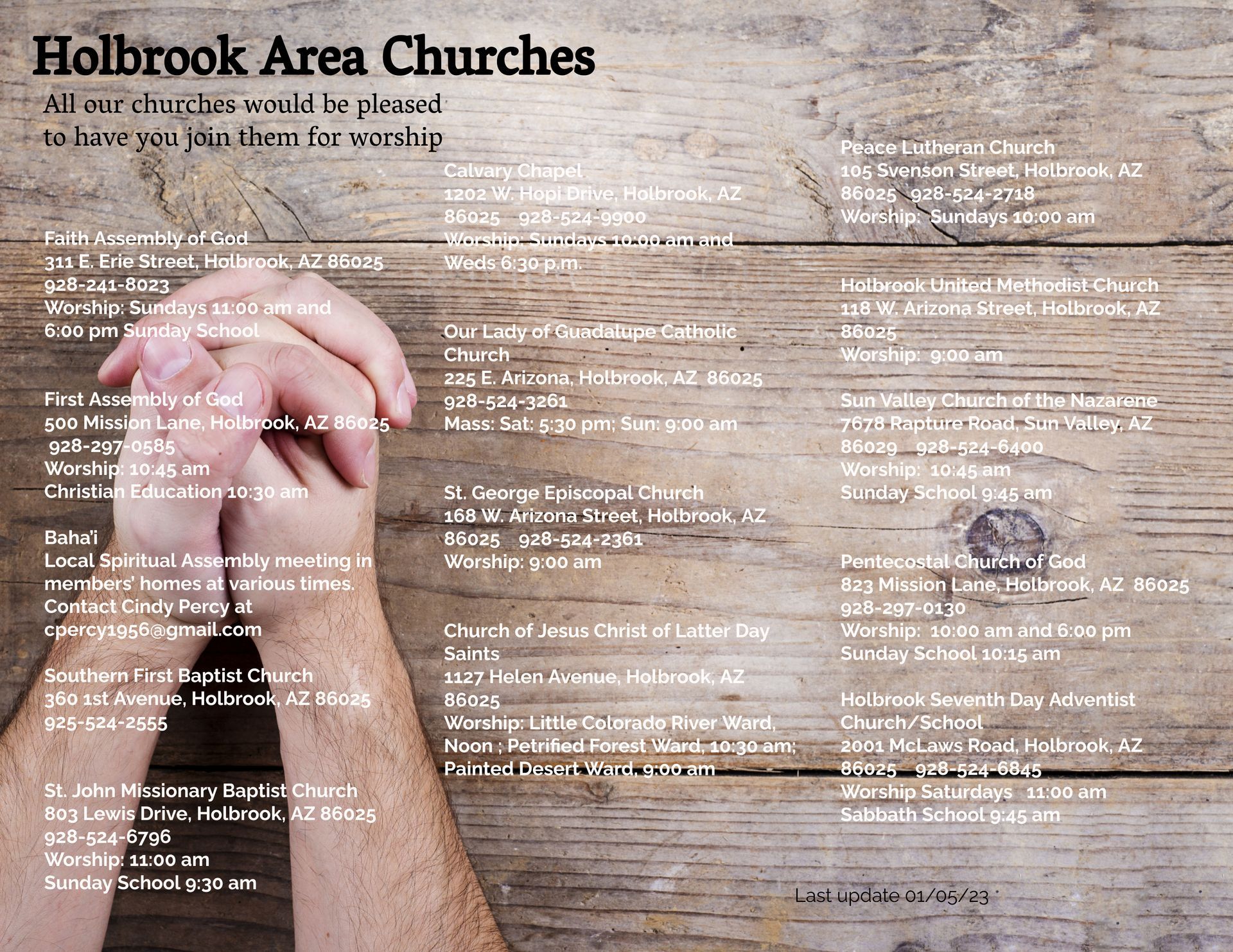 A brochure for holbrook area churches shows a man praying