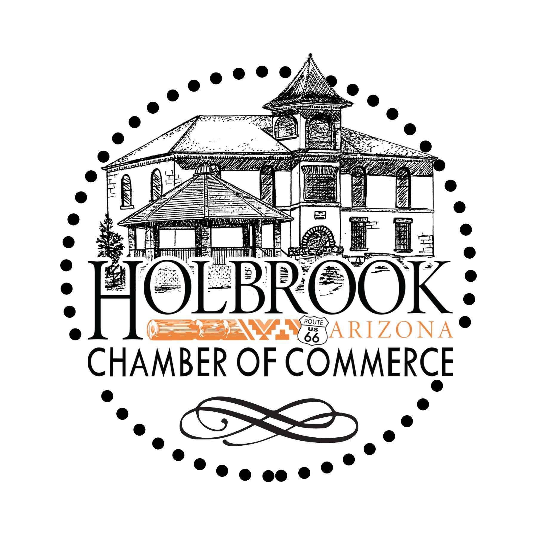 The hobrook chamber of commerce logo is a black and white drawing of a building in a circle.