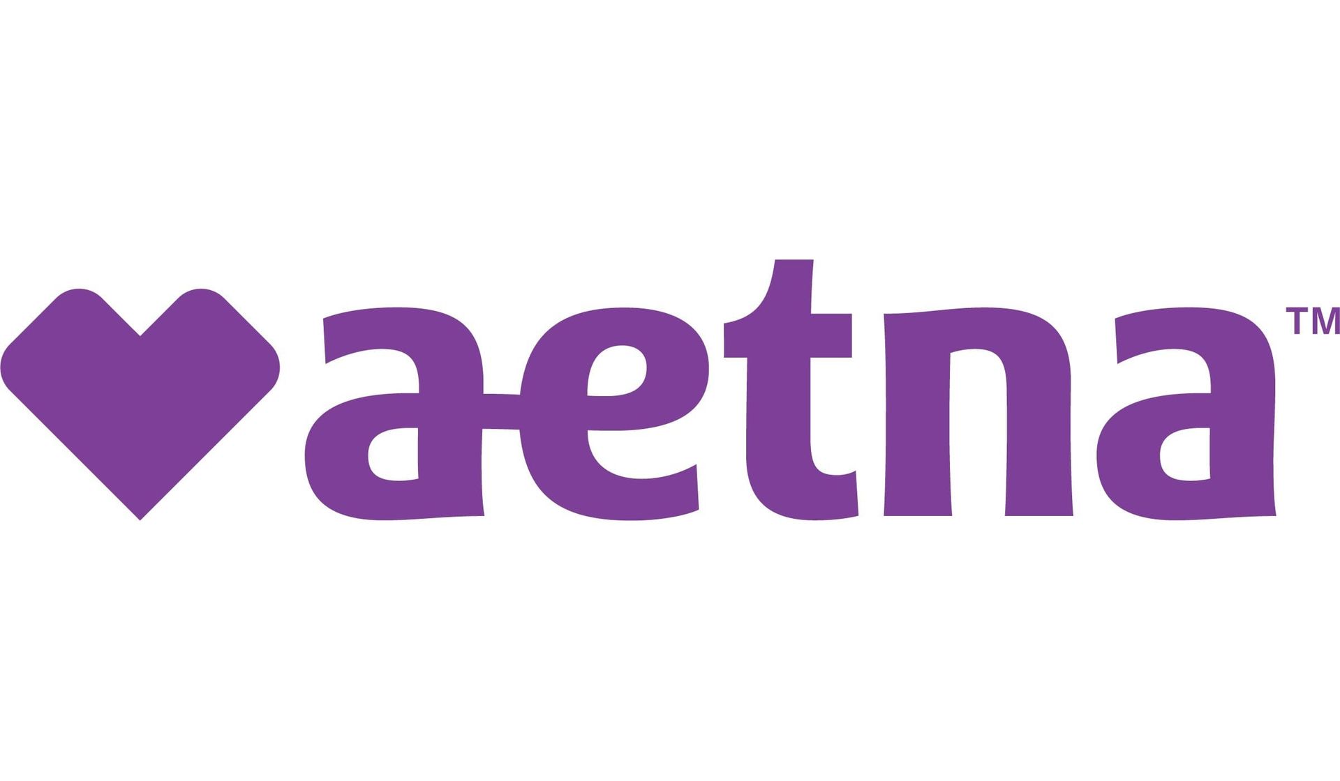 The aetna logo is purple and has a heart in the middle.