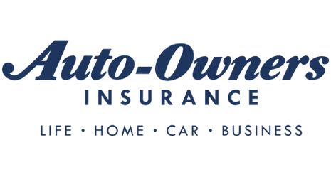 The auto-owners insurance logo is blue and white and says life , home , car , business.